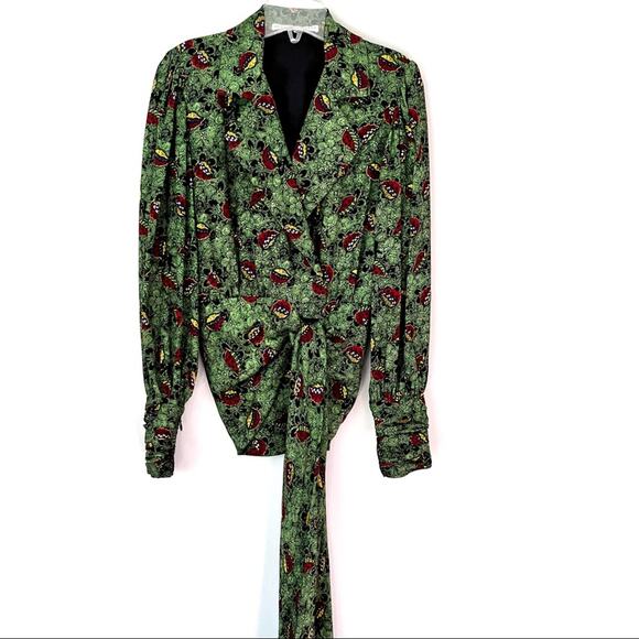 Vintage Stanley Platos green multi floral wrap tie waist blouse size 4 - Picture 1 of 13